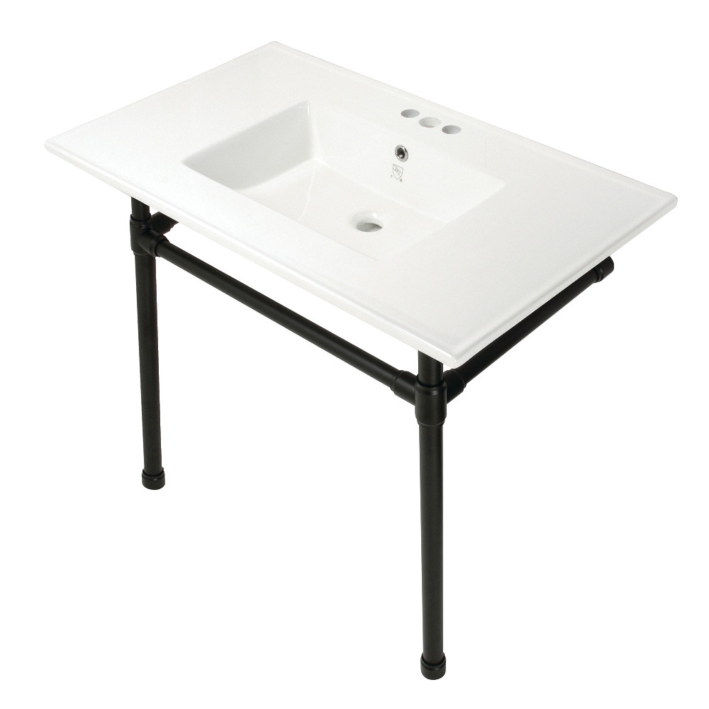 Picture of Kingston Brass KVPB37227W40 37 in. Dreyfuss Console Sink with Stainless Steel Legs - 4 in. 3 Hole, White & Matte Black