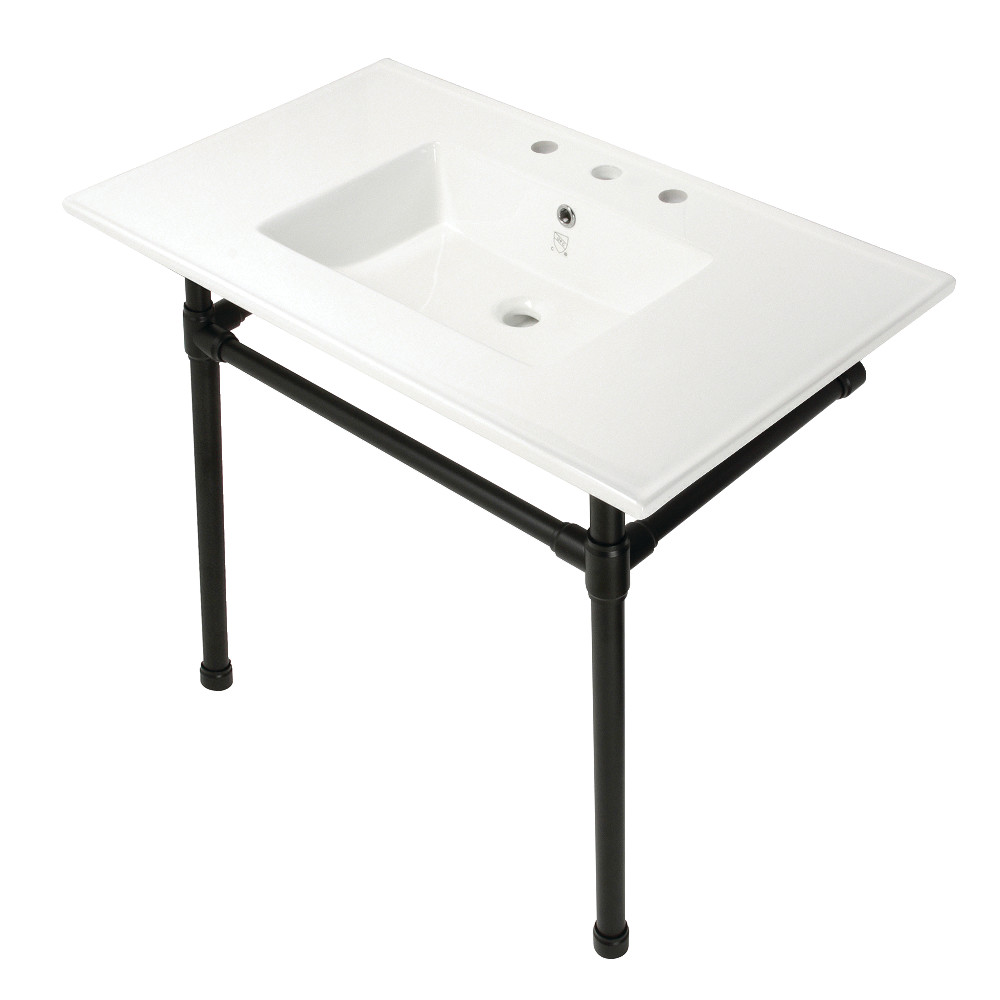 Picture of Kingston Brass KVPB37227W80 37 in. Dreyfuss Console Sink with Stainless Steel Legs - 8 in. 3 Hole, White & Matte Black