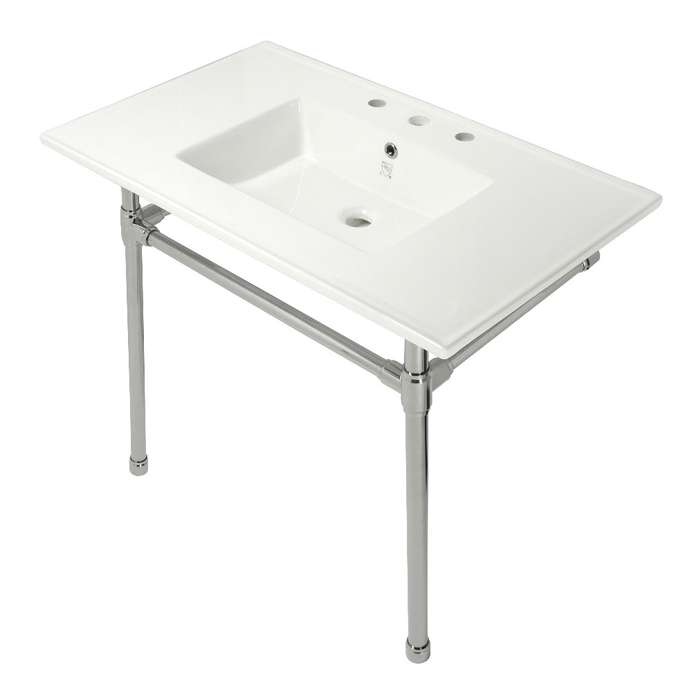 KVPB37227W86 37 in. Dreyfuss Console Sink with Stainless Steel Legs - 8 in. 3 Hole, White & Polished Nickel