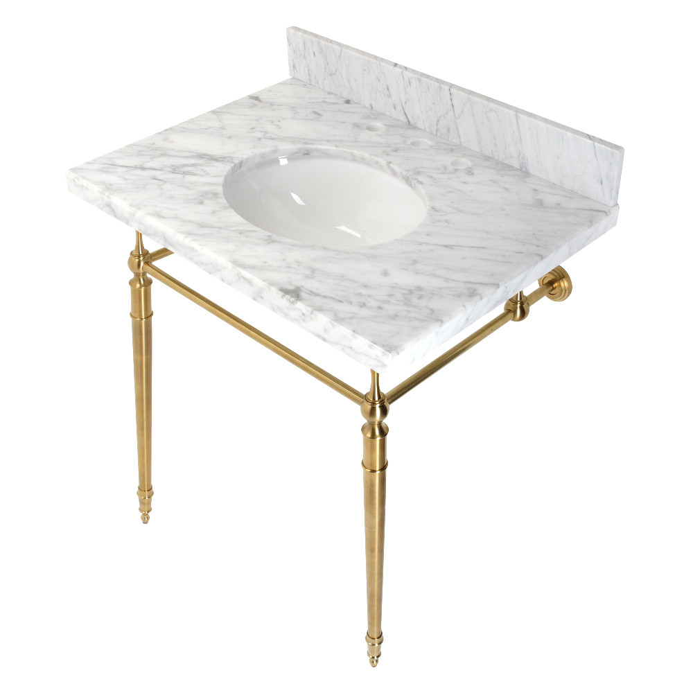 Picture of Kingston Brass KVPB3022M87 30 in. Edwardian Console Sink with Brass Legs - 8 in. 3 Hole, Marble White & Brushed Brass