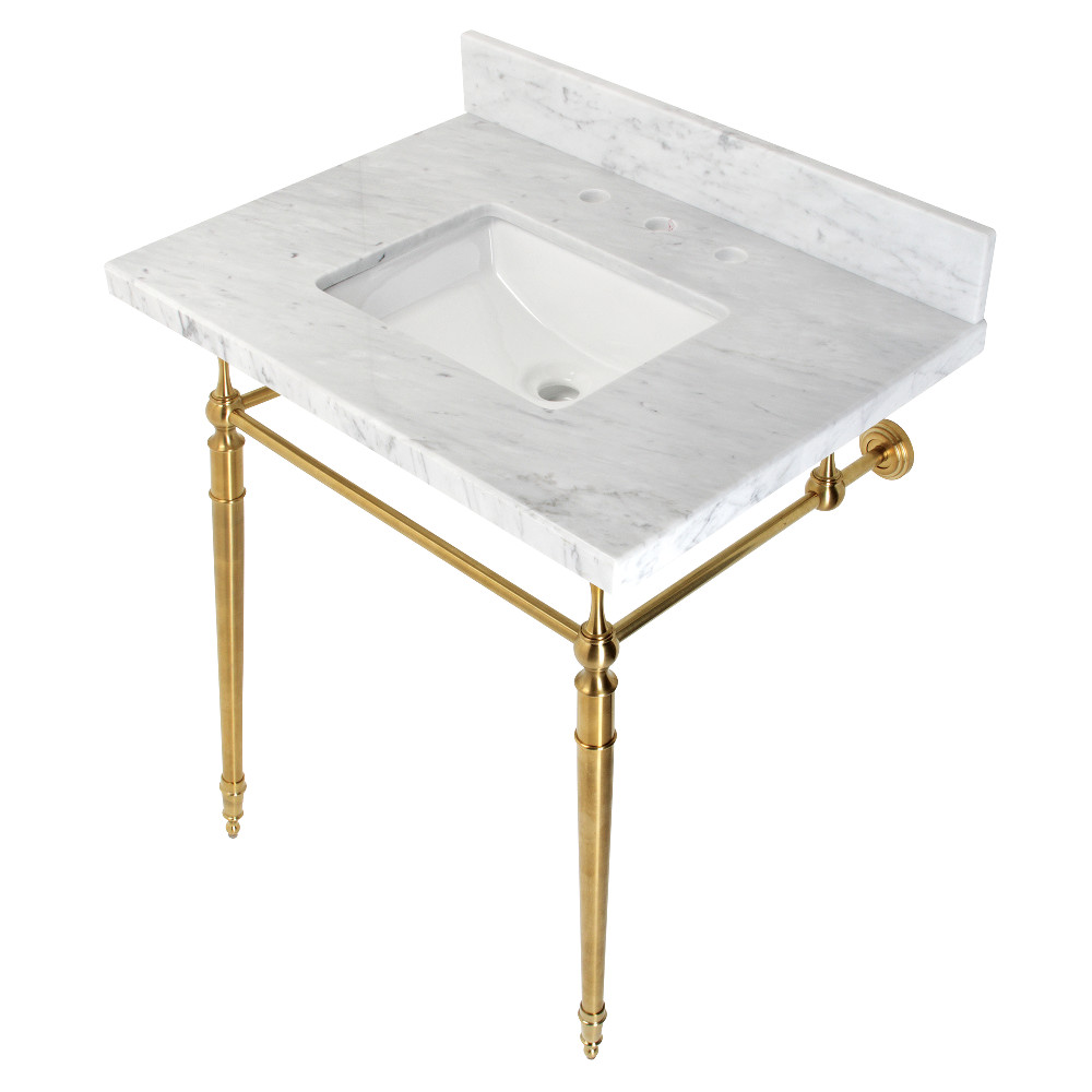 Picture of Kingston Brass KVPB3022M8SQ7 30 in. Edwardian Console Sink with Brass Legs - 8 in. 3 Hole, Marble White & Brushed Brass