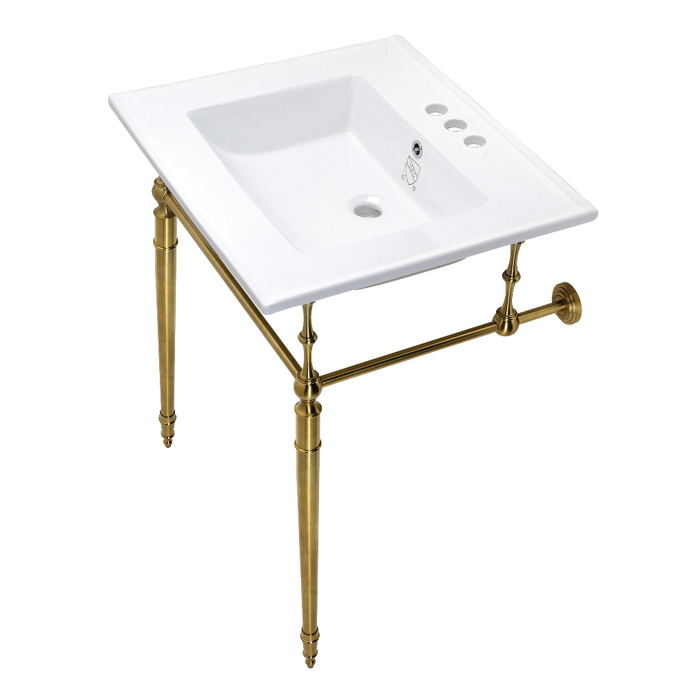 Picture of Kingston Brass KVPB25227W4BB 25 in. Edwardian Console Sink with Brass Legs - 4 in. 3 Hole, White & Brushed Brass