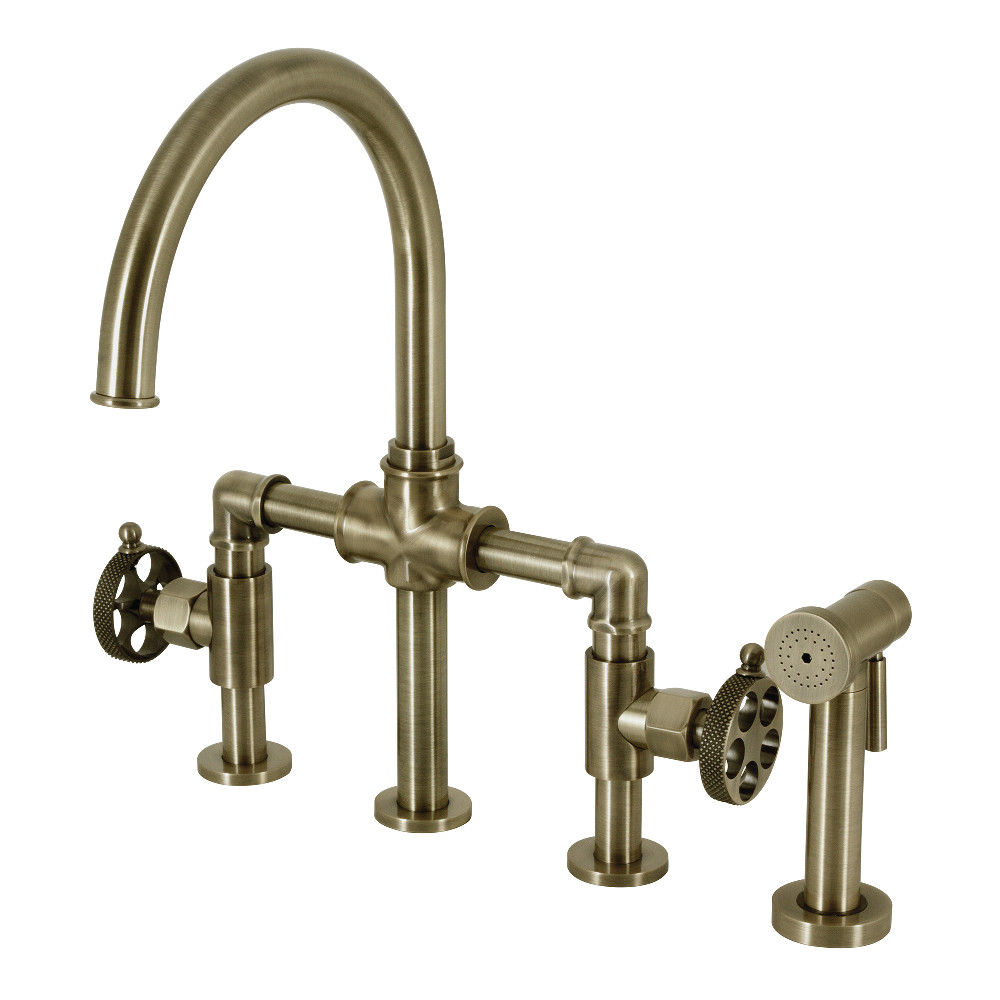 Picture of Kingston Brass KS2333RKX Webb Bridge Kitchen Faucet with Brass Sprayer, Antique Brass