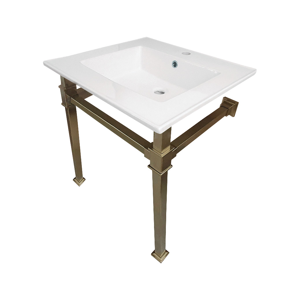 Picture of Kingston Brass KVPB25221Q7 25 in. Monarch Ceramic Console Sink - 1-Hole, White & Brushed Brass