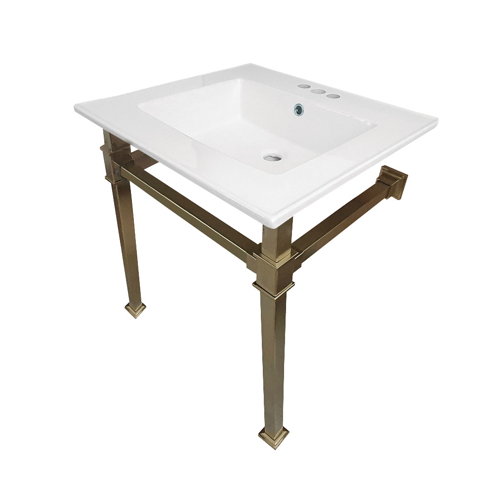 Picture of Kingston Brass KVPB25224Q7 25 in. Monarch Ceramic Console Sink - 4 in. Faucet Drilling, White & Brushed Brass