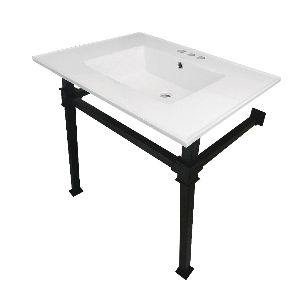 Picture of Kingston Brass KVPB31224Q0 31 in. Monarch Ceramic Console Sink - 4 in. Faucet Drilling, White & Matte Black