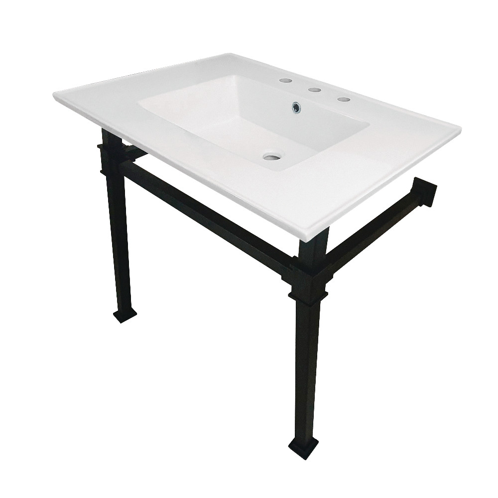 Picture of Kingston Brass KVPB31228Q0 31 in. Monarch Ceramic Console Sink - 8 in. Faucet Drilling, White & Matte Black