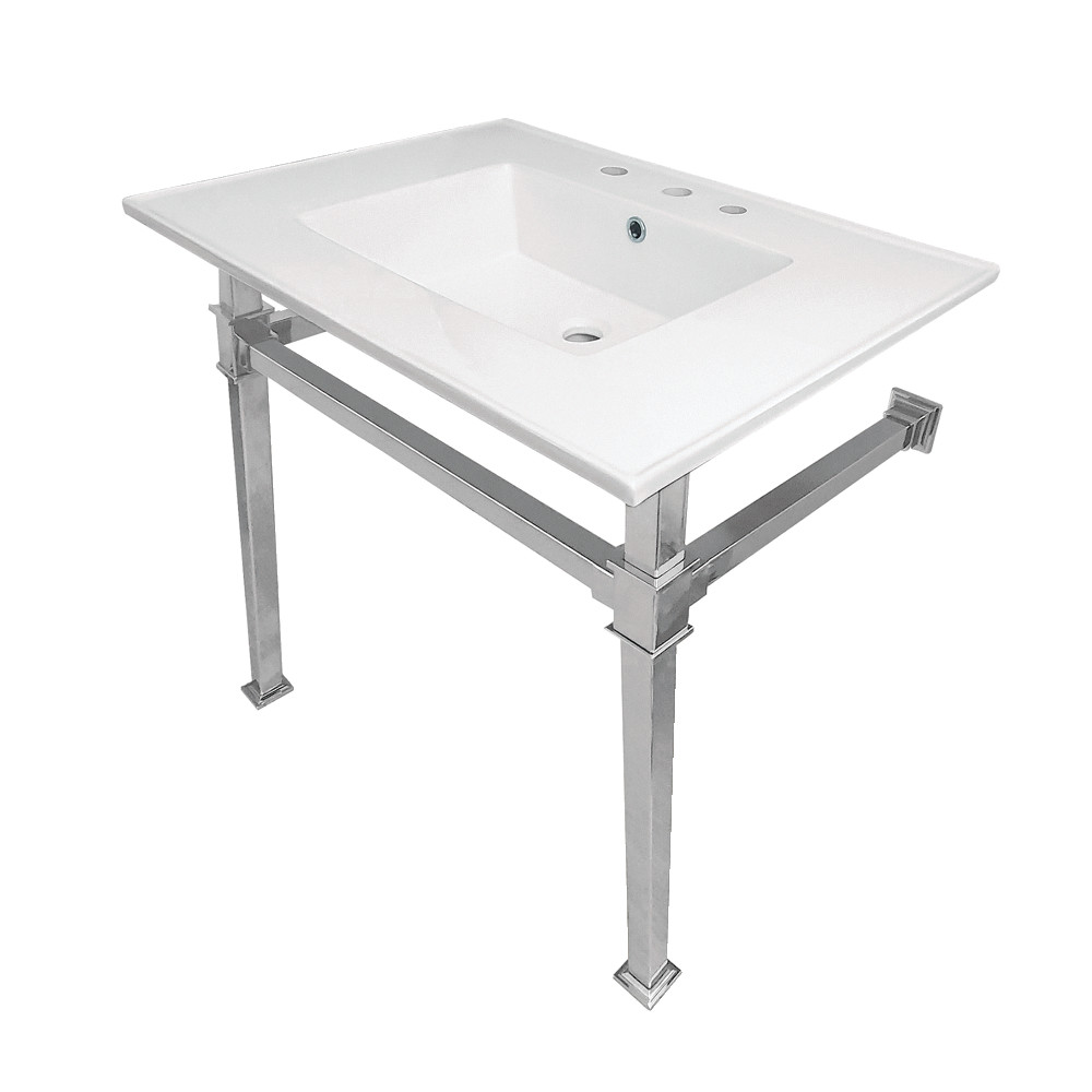 Picture of Kingston Brass KVPB31228Q1 31 in. Monarch Ceramic Console Sink - 8 in. Faucet Drilling, White & Polished Chrome
