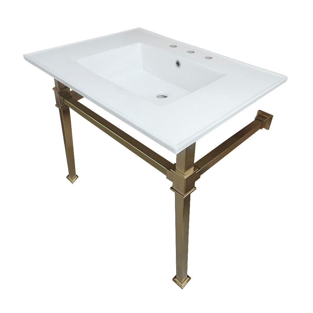 Picture of Kingston Brass KVPB31228Q7 31 in. Monarch Ceramic Console Sink - 8 in. Faucet Drilling, White & Brushed Brass