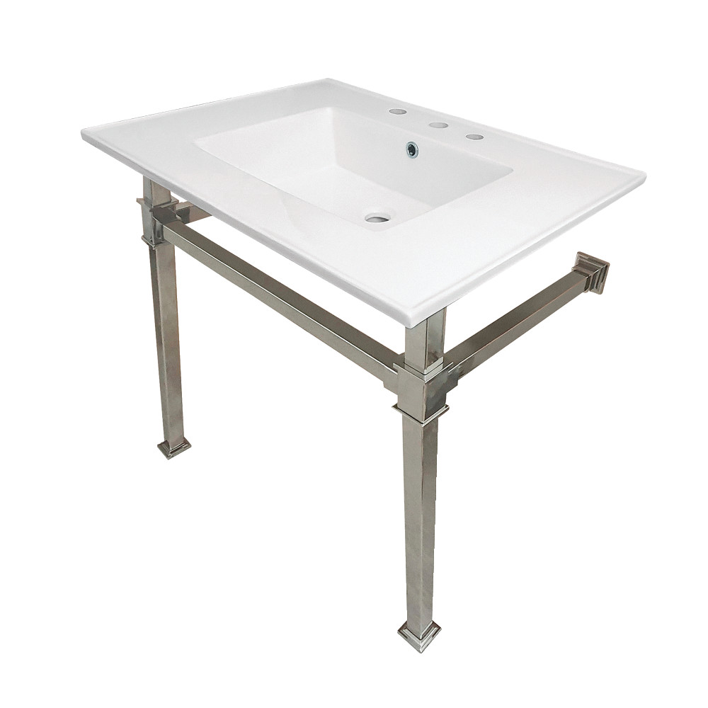 Picture of Kingston Brass KVPB31228Q6 31 in. Monarch Ceramic Console Sink - 8 in. Faucet Drilling, White & Polished Nickel
