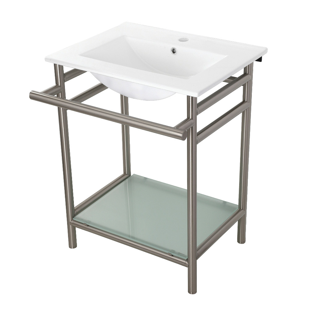 Picture of Kingston Brass VPB24187W18 24 in. Ceramic Console Sink - 1-Hole, White & Brushed Nickel