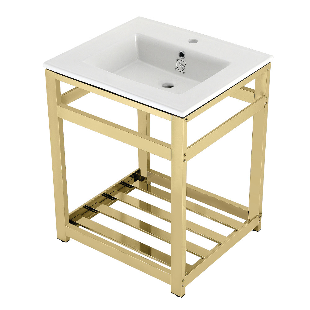 Picture of Kingston Brass VWP2522A2 25 in. Quadras Ceramic Console Sink - 1-Hole, White & Polished Brass