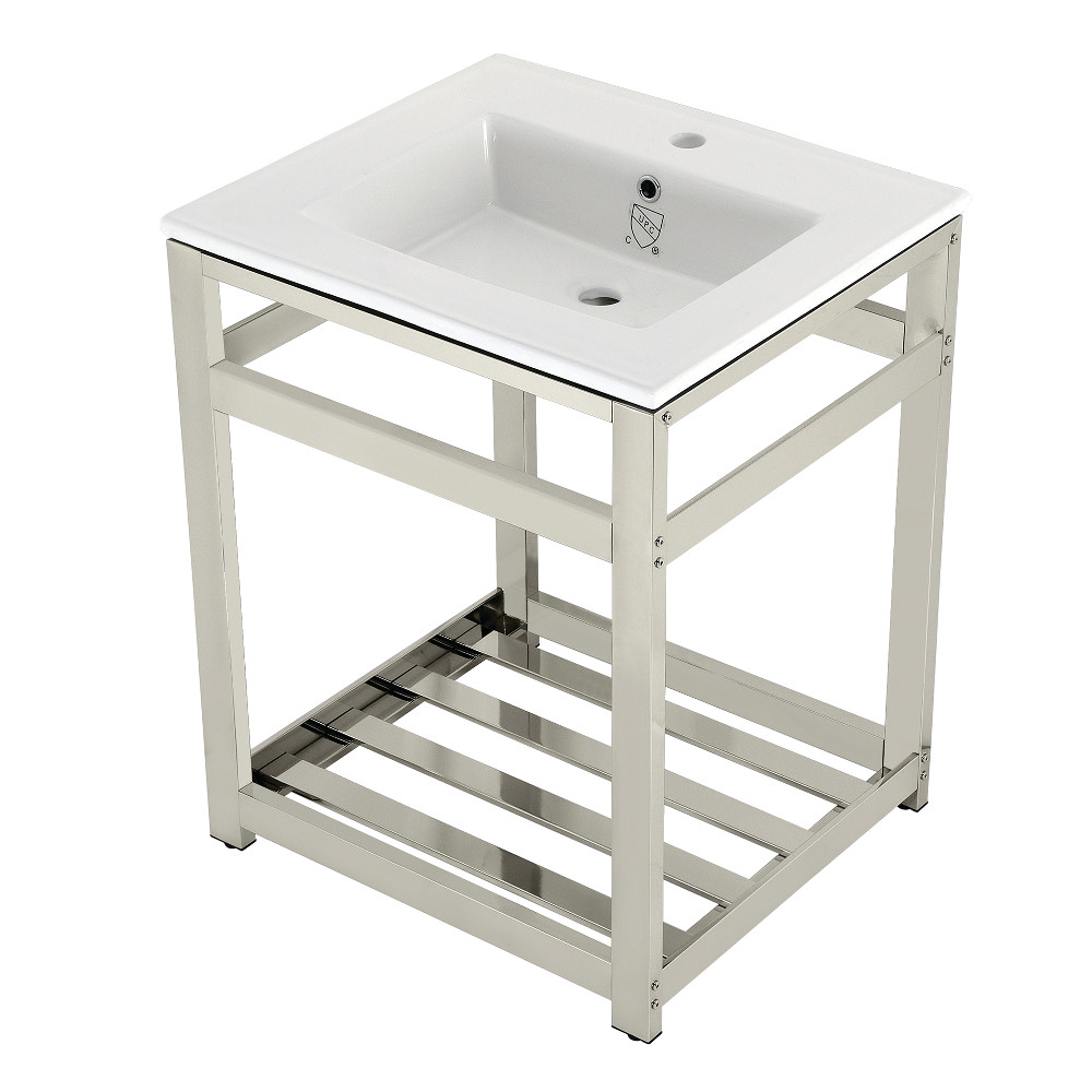 Picture of Kingston Brass VWP2522A6 25 in. Quadras Ceramic Console Sink - 1-Hole, White & Polished Nickel