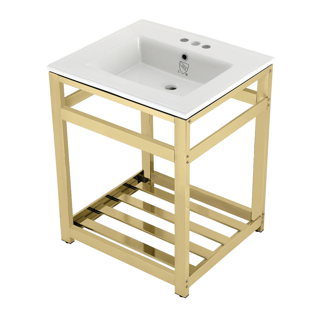 Picture of Kingston Brass VWP2522W4A2 25 in. Quadras Ceramic Console Sink - 4 in. 3-Hole, White & Polished Brass