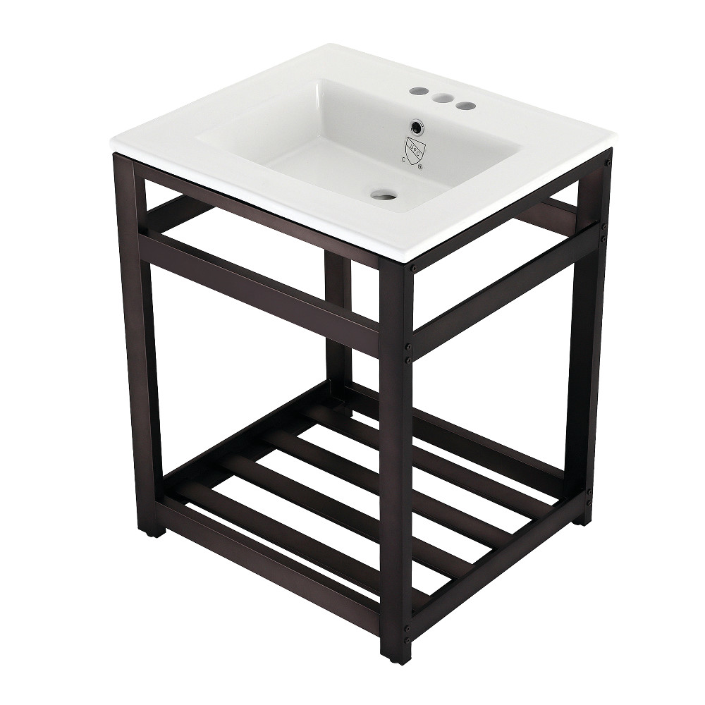 Picture of Kingston Brass VWP2522W4A5 25 in. Quadras Ceramic Console Sink - 4 in. 3-Hole, White & Oil Rubbed Bronze