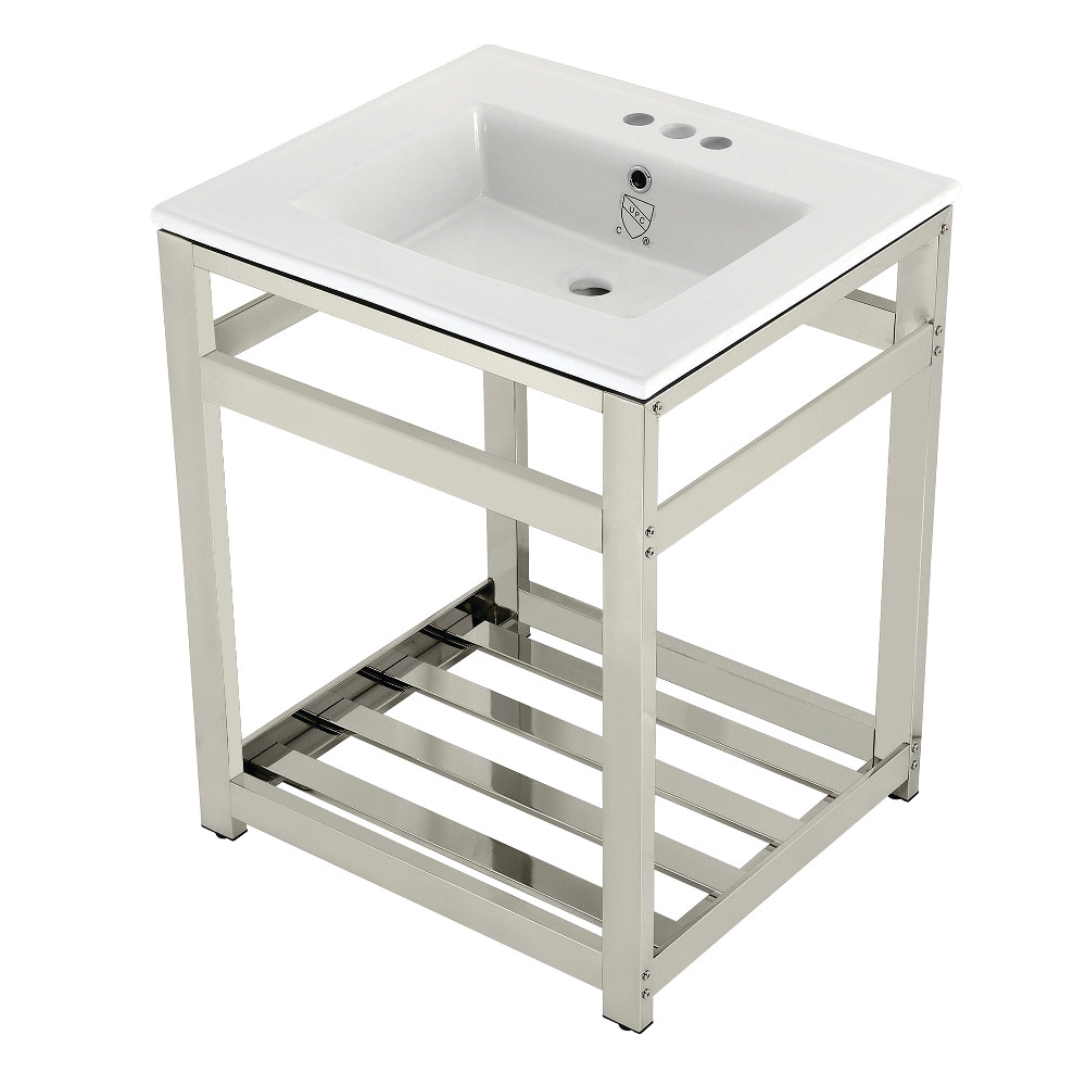 Picture of Kingston Brass VWP2522W4A6 25 in. Quadras Ceramic Console Sink - 4 in. 3-Hole, White & Polished Nickel