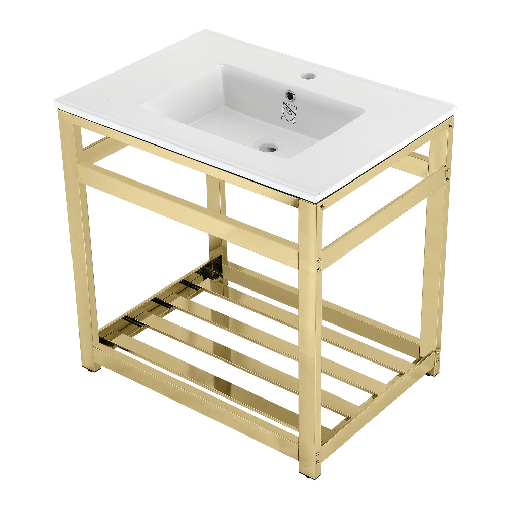 Picture of Kingston Brass VWP3122A2 31 in. Quadras Ceramic Console Sink - 1-Hole, White & Polished Brass