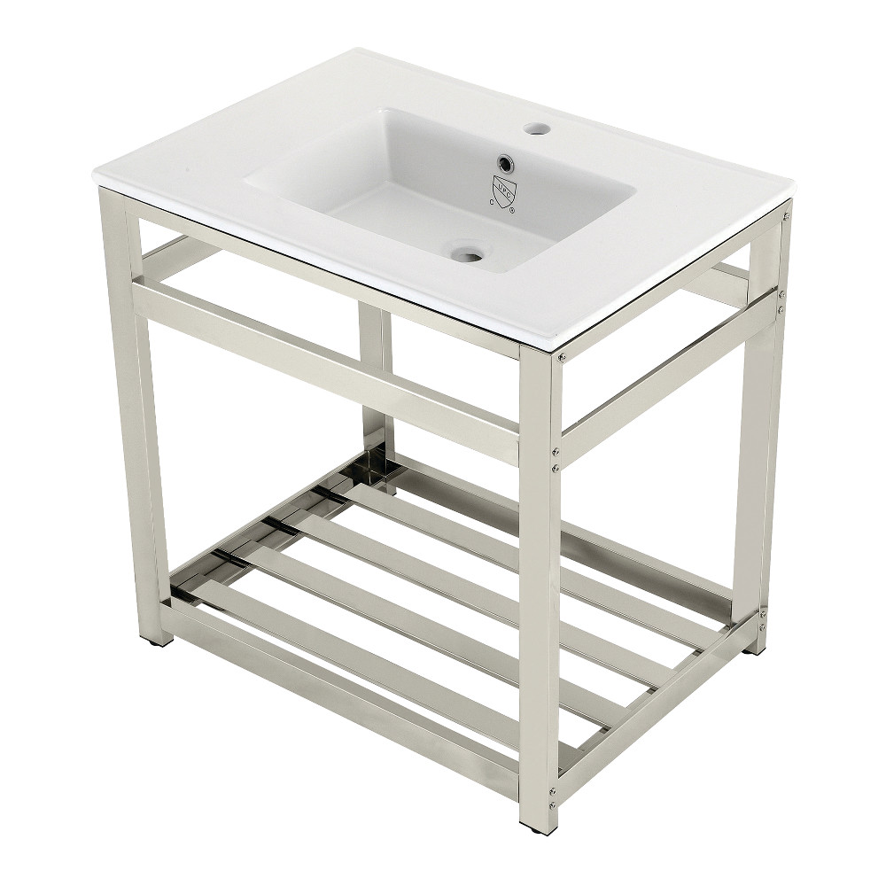 Picture of Kingston Brass VWP3122A6 31 in. Quadras Ceramic Console Sink - 1-Hole, White & Polished Nickel