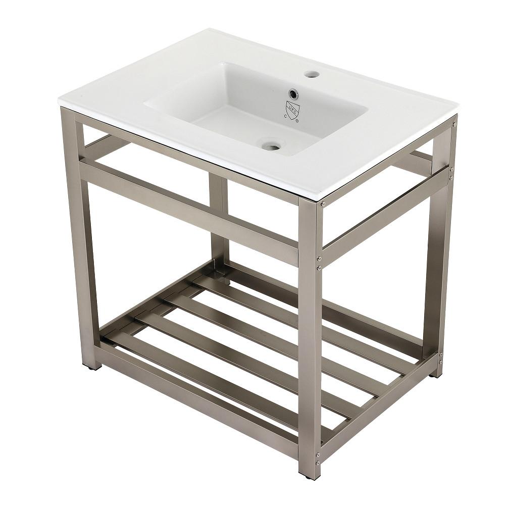 Picture of Kingston Brass VWP3122A8 31 in. Quadras Ceramic Console Sink - 1-Hole, White & Brushed Nickel