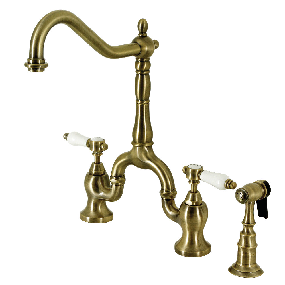 Picture of Kingston Brass KS7753BPLBS 8.25 in. Bel Air Bridge Kitchen Faucet with Brass Sprayer, Antique Brass
