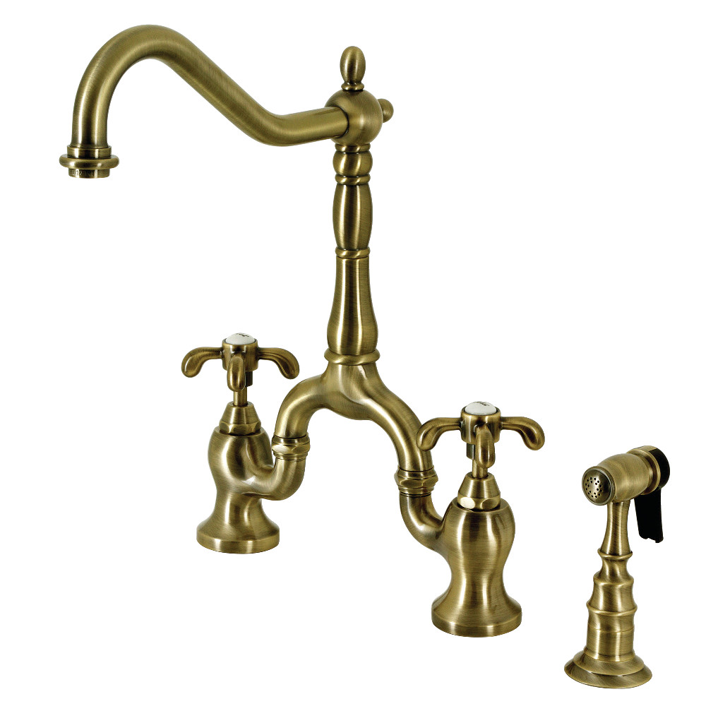 Picture of Kingston Brass KS7753TXBS 8.25 in. French Country Bridge Kitchen Faucet with Brass Sprayer, Antique Brass