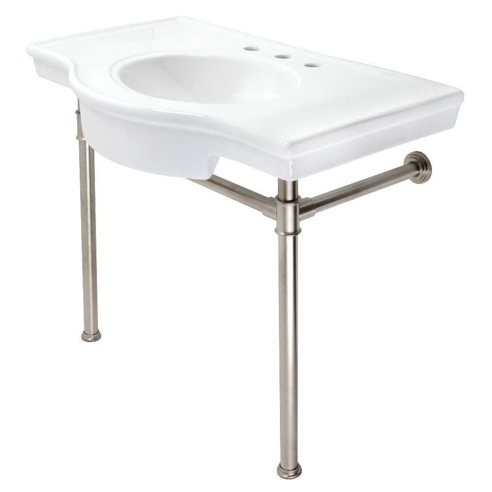 Picture of Kingston Brass VPB1378ST 37 in. Templeton Ceramic Console Sink with Stainless Steel Legs, White & Brushed Nickel