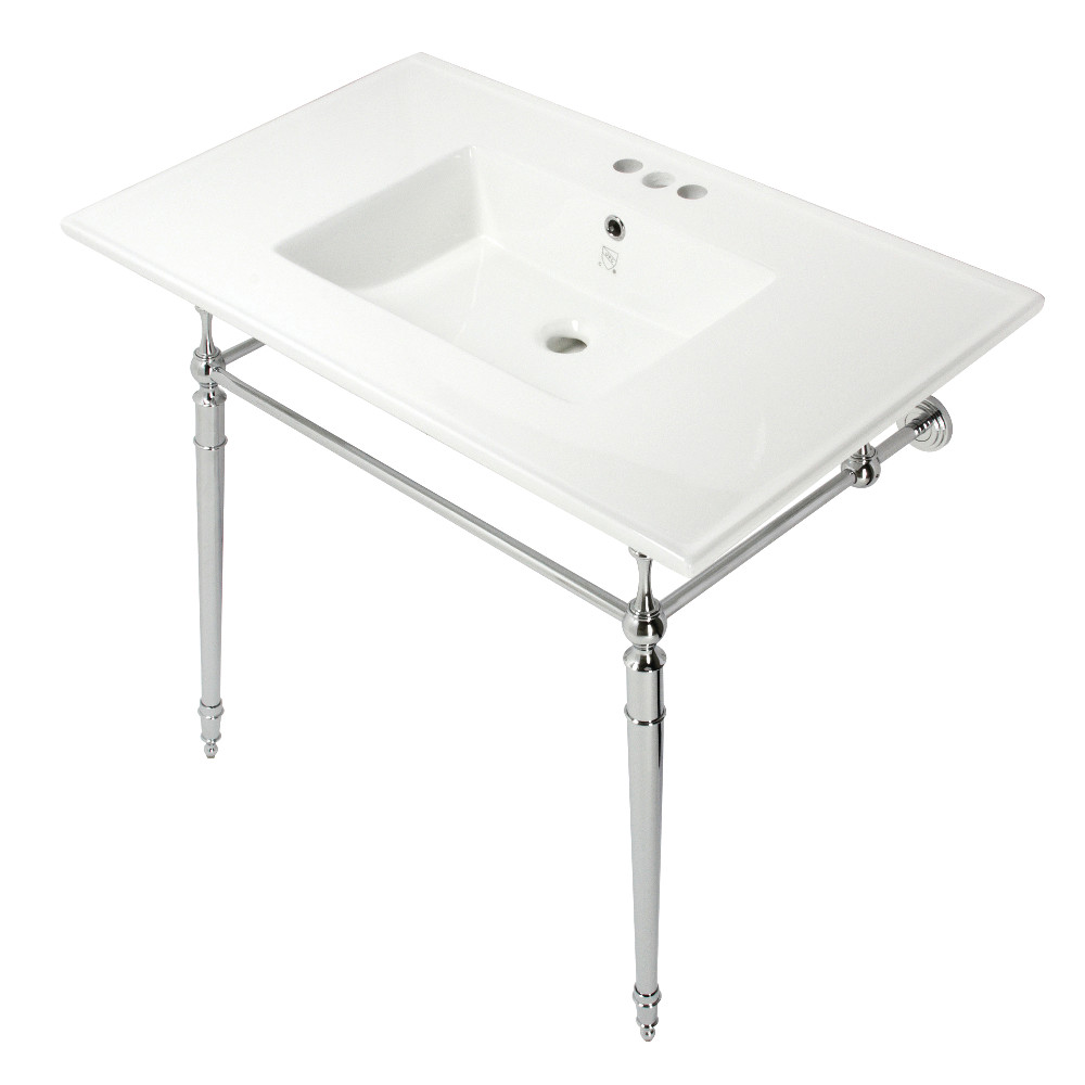 Picture of Kingston Brass KVPB37227W4CP 37 in. Edwardian Three Hole Console Sink with Brass Legs, White & Polished Chrome