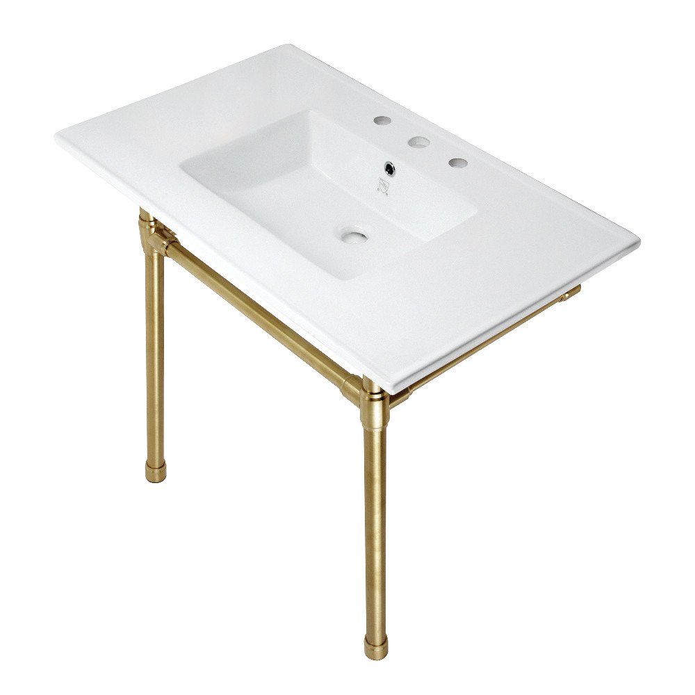 Picture of Kingston Brass KVPB37227W87 37 in. Dreyfuss Console Sink with Stainless Steel Legs , White & Brushed Brass