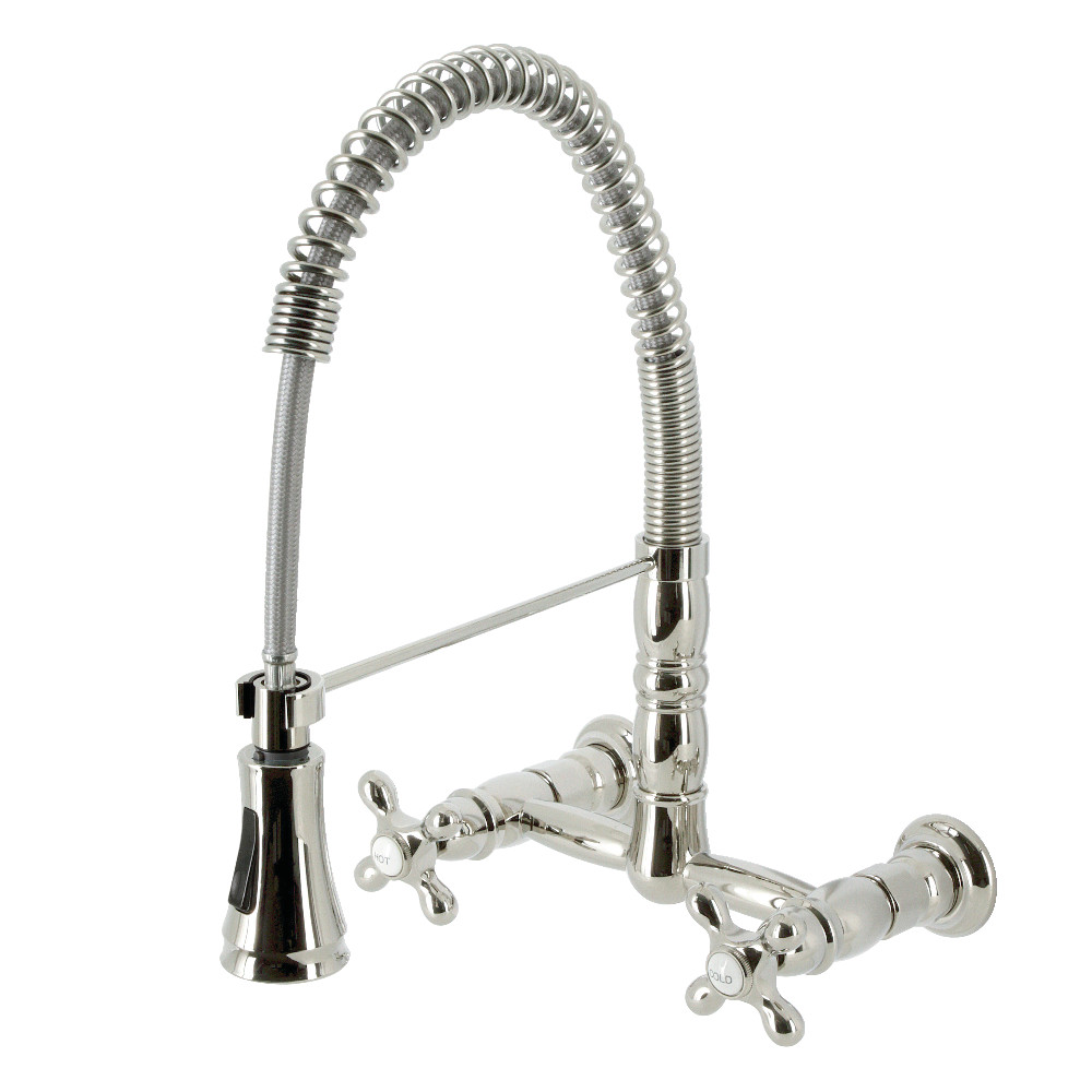 Picture of Kingston Brass GS1246AX Gourmetier Heritage Two-Handle Wall-Mount Pull-Down Sprayer Kitchen Faucet, Polished Nickel