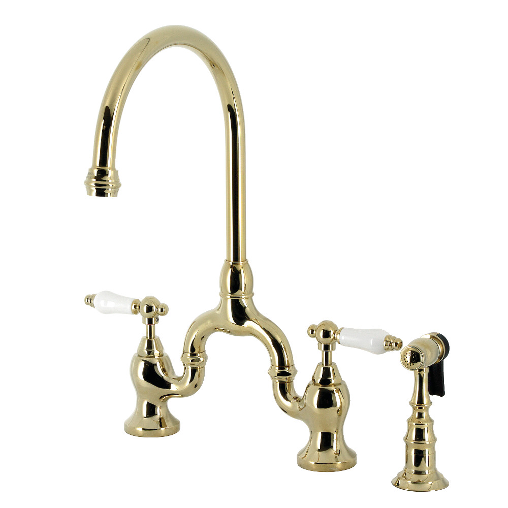 Picture of Kingston Brass KS7792PLBS 16.81 in. English Country Bridge Kitchen Faucet with Brass Sprayer, Polished Brass