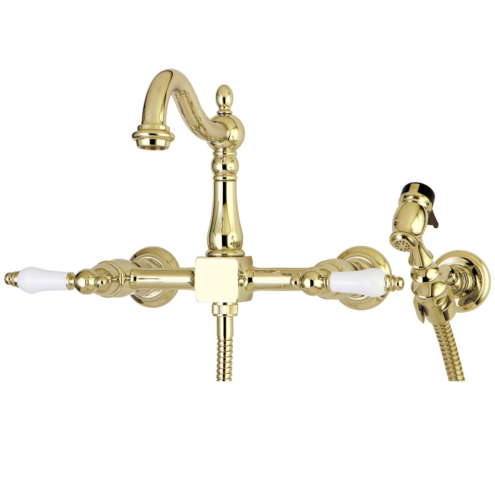 Picture of Kingston Brass KS1262PLBS 2.25 in. Heritage Wall Mount Bridge Kitchen Faucet with Brass Sprayer, Polished Brass