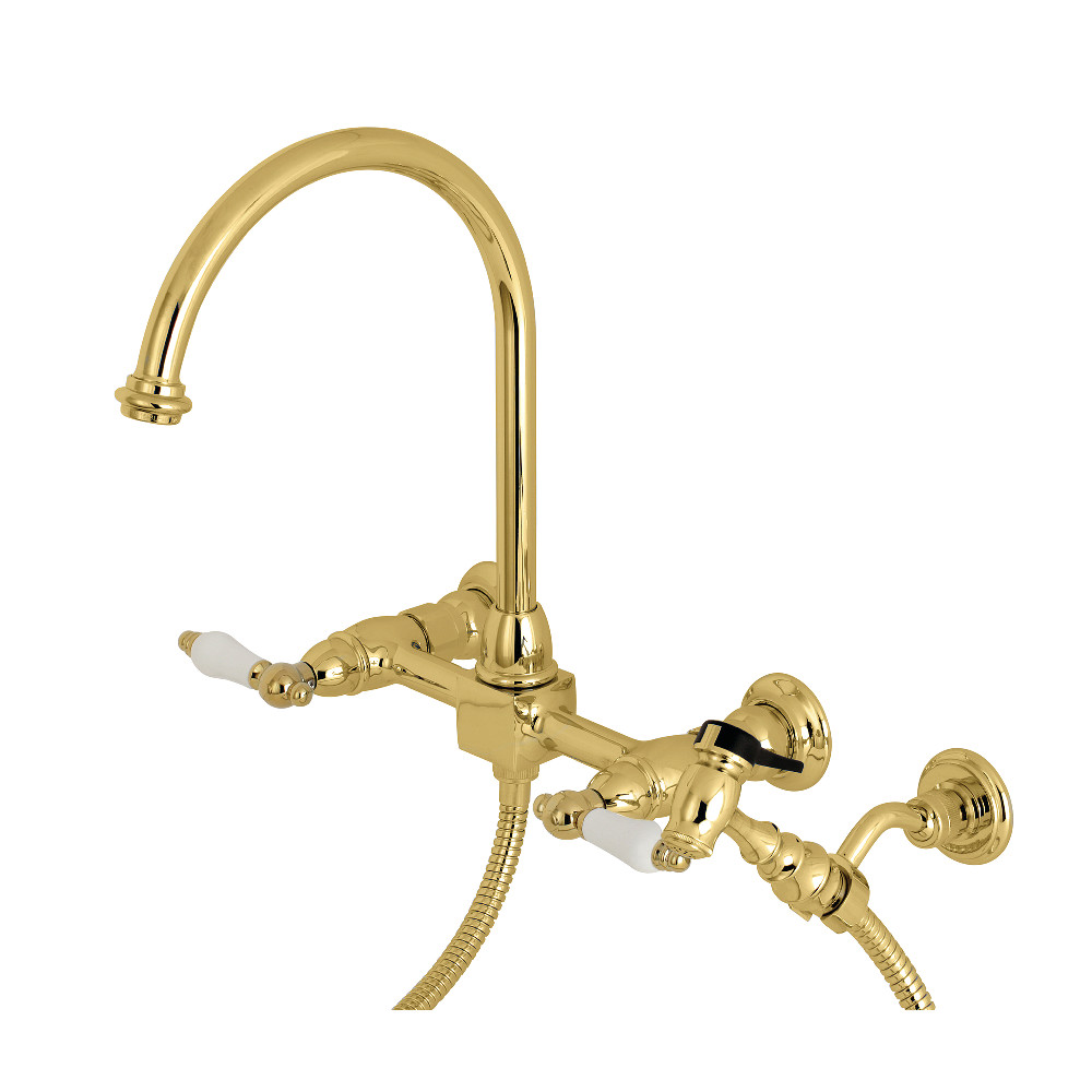 Picture of Kingston Brass KS1292PLBS Restoration Wall Mount Bridge Kitchen Faucet with Brass Sprayer, Polished Brass
