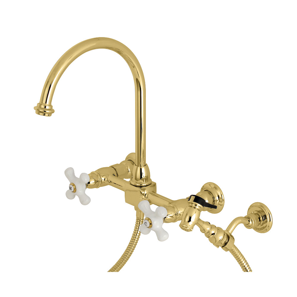 Picture of Kingston Brass KS1292PXBS Restoration Wall Mount Bridge Kitchen Faucet with Brass Sprayer, Polished Brass