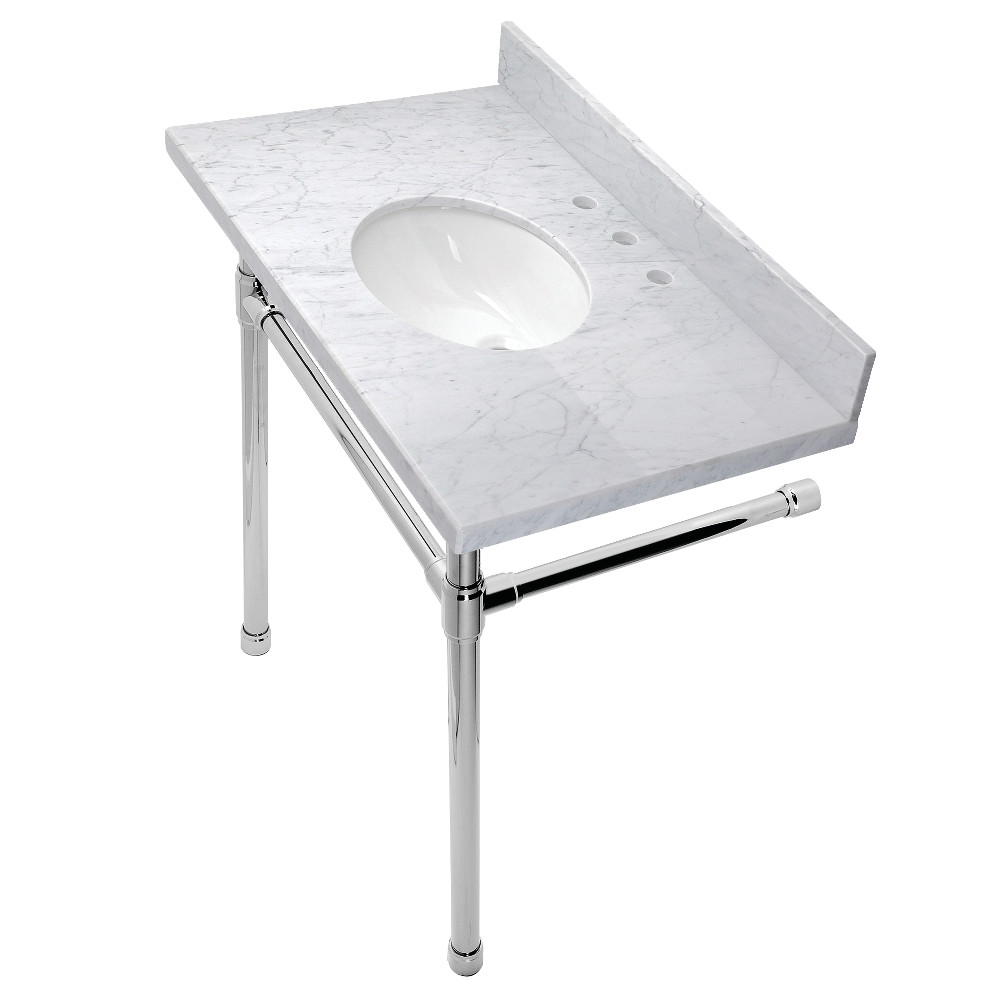 36 in. Dreyfuss Carrara Marble Vanity Top with Stainless Steel Legs, Marble White & Polished Chrome