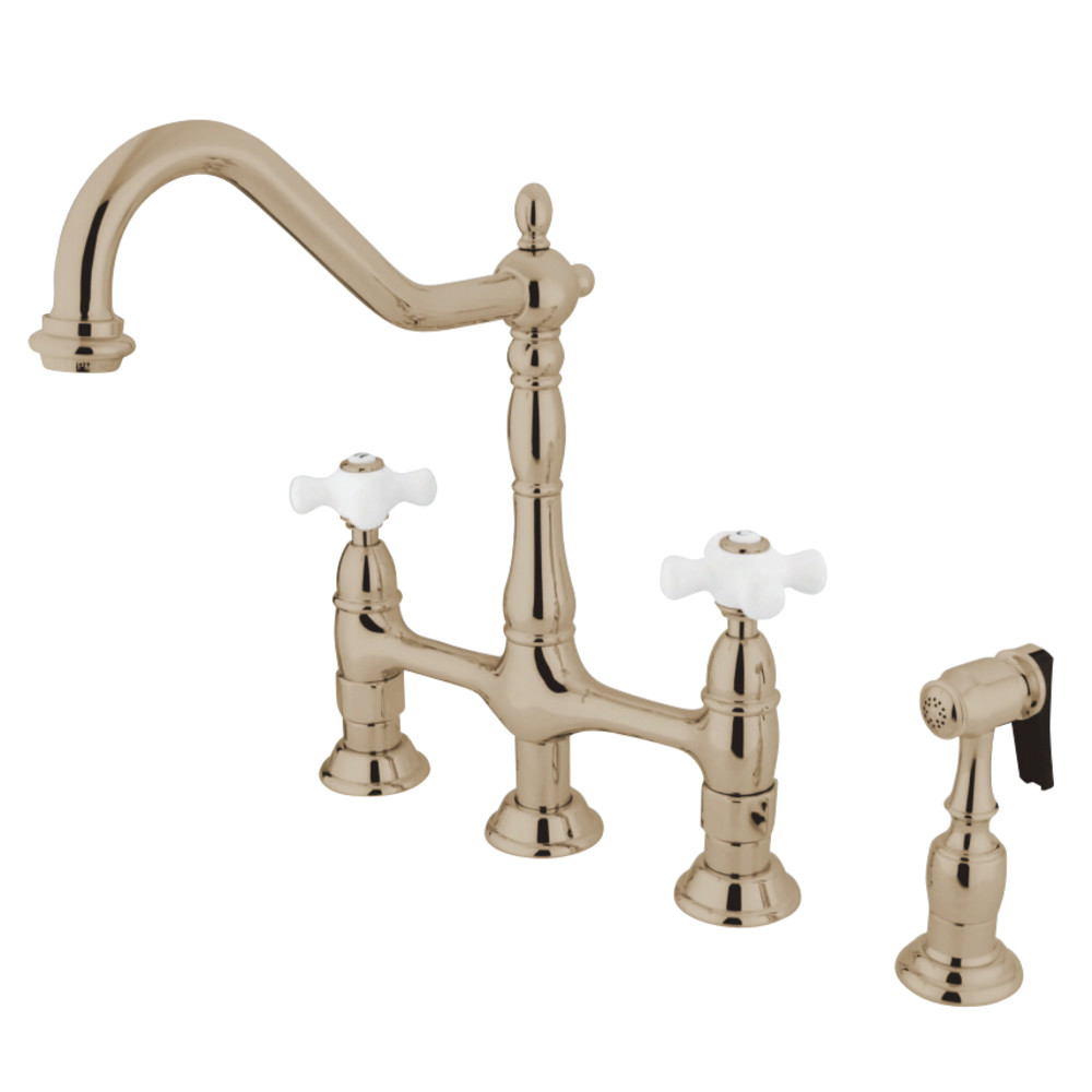Picture of Kingston Brass KS1276PXBS Heritage Bridge Kitchen Faucet with Brass Sprayer, Polished Nickel