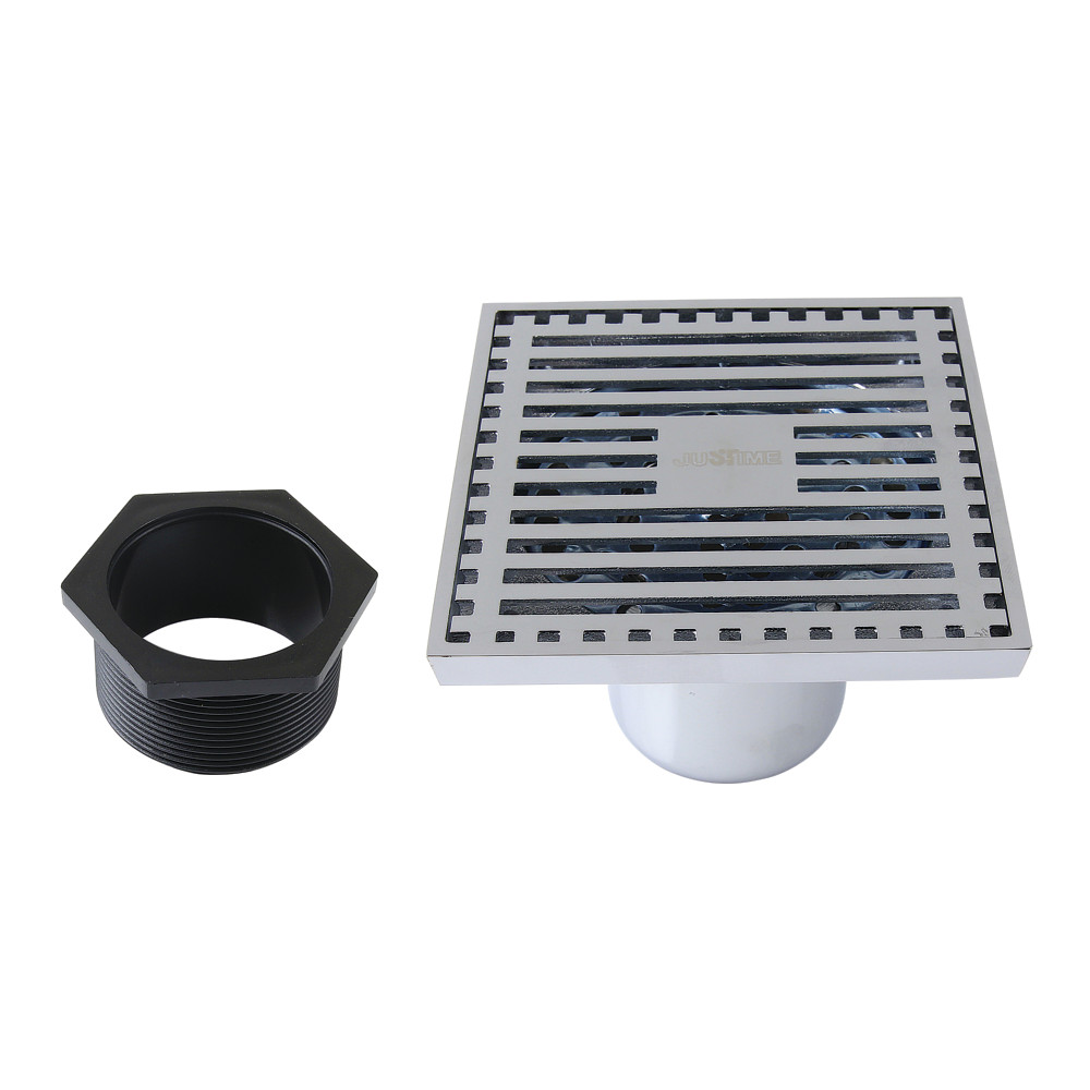 4" Brass Square Grid Shower Drain with Hair Strainer, Polished Chrome