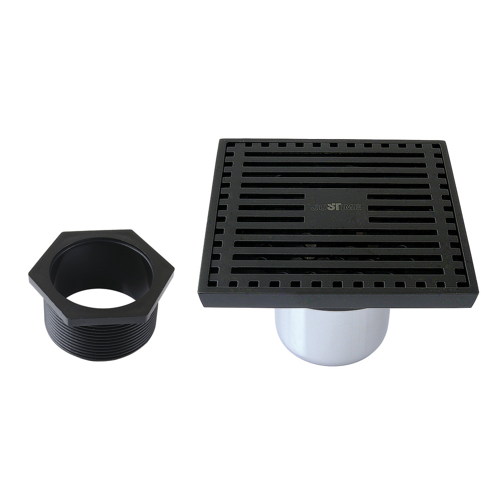 4" Brass Square Grid Shower Drain with Hair Strainer, Matte Black