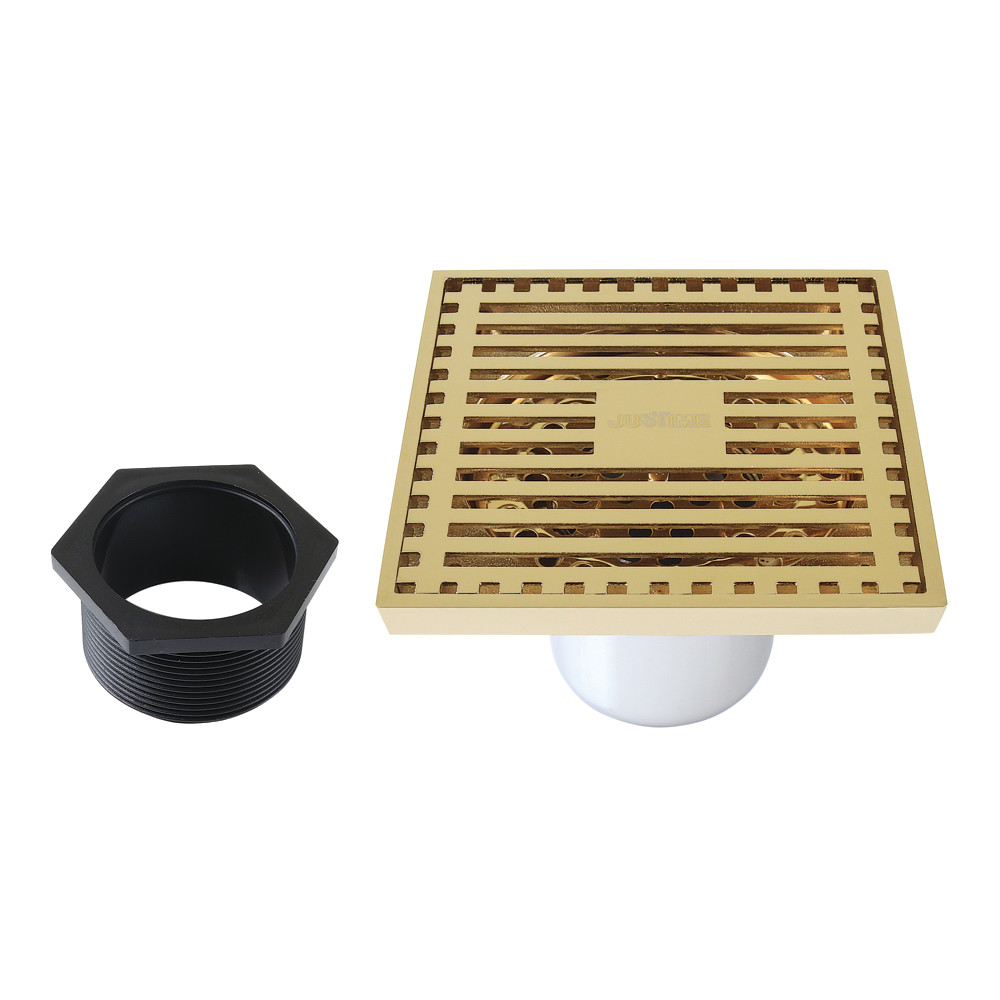 4" Brass Square Grid Shower Drain with Hair Strainer, Polished Brass