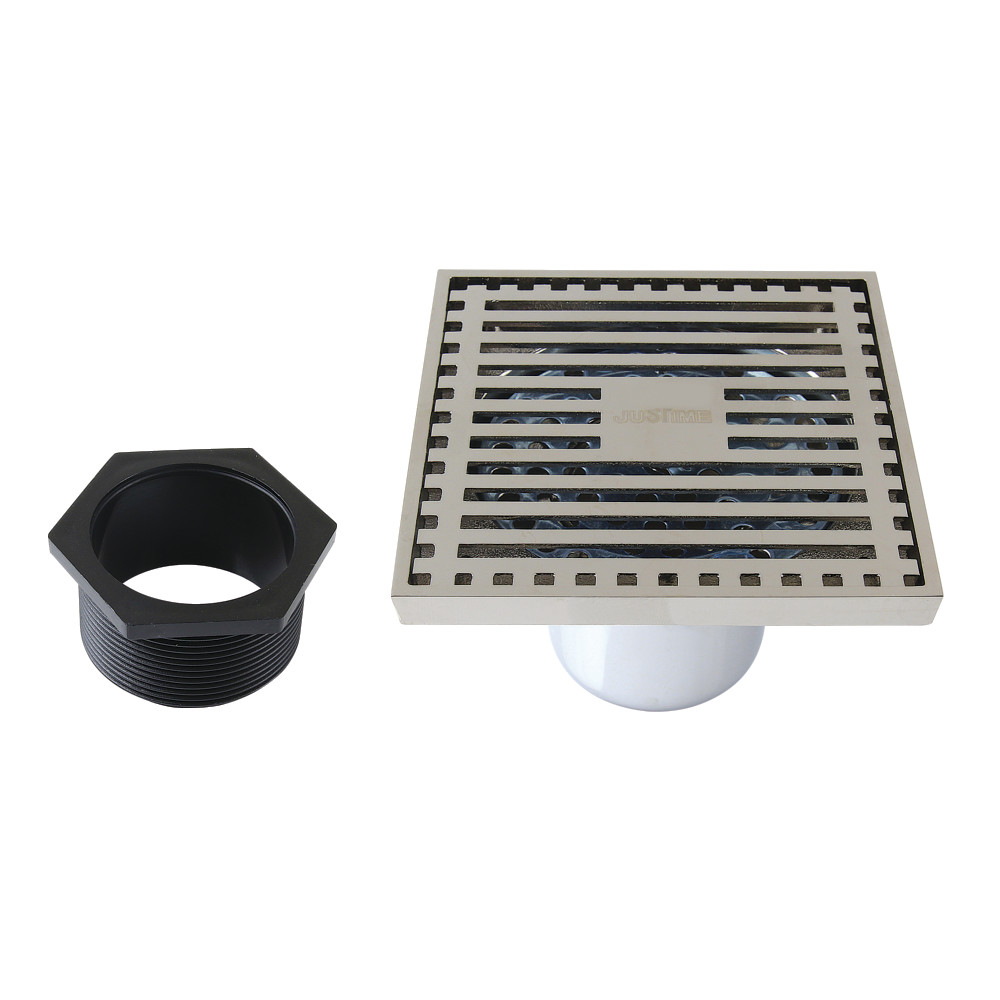 4" Brass Square Grid Shower Drain with Hair Strainer, Polished Nickel