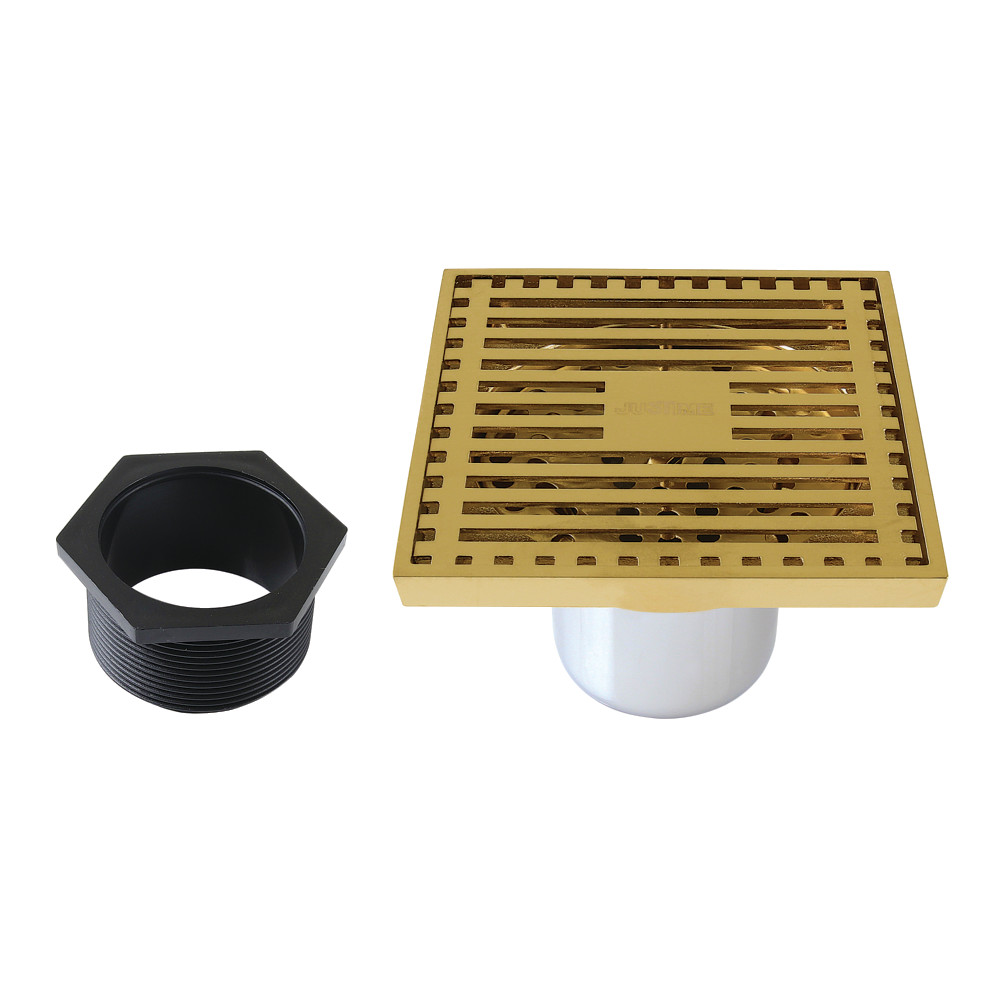 4" Brass Square Grid Shower Drain with Hair Strainer, Brushed Brass