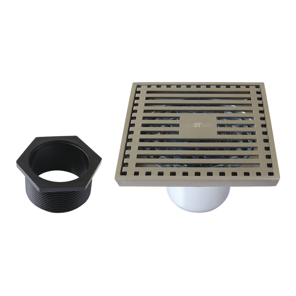 4" Brass Square Grid Shower Drain with Hair Strainer, Brushed Nickel