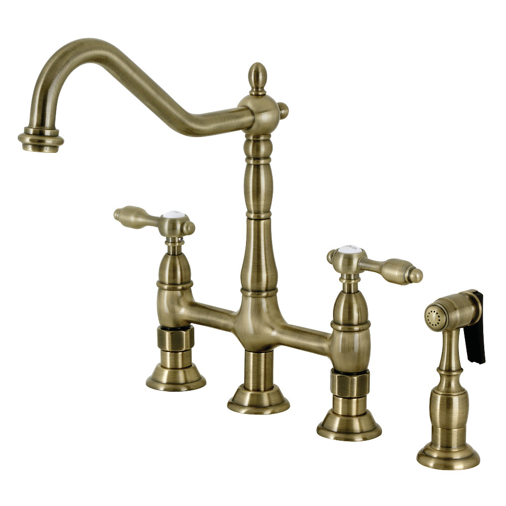 Picture of Kingston Brass KS1273TALBS Tudor Bridge Kitchen Faucet with Brass Sprayer, Antique Brass