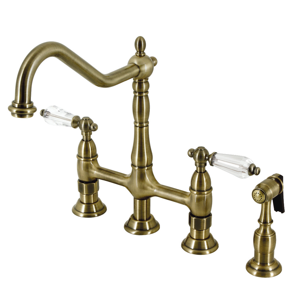 Picture of Kingston Brass KS1273WLLBS Wilshire Bridge Kitchen Faucet with Brass Sprayer, Antique Brass