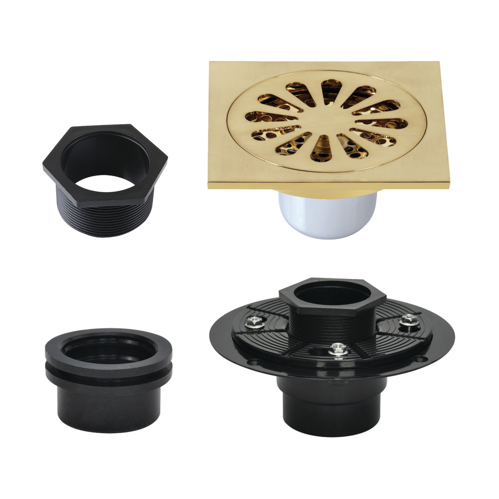 4" Brass Square Grid Shower Drain with Hair Strainer and Base Flange, Brushed Brass