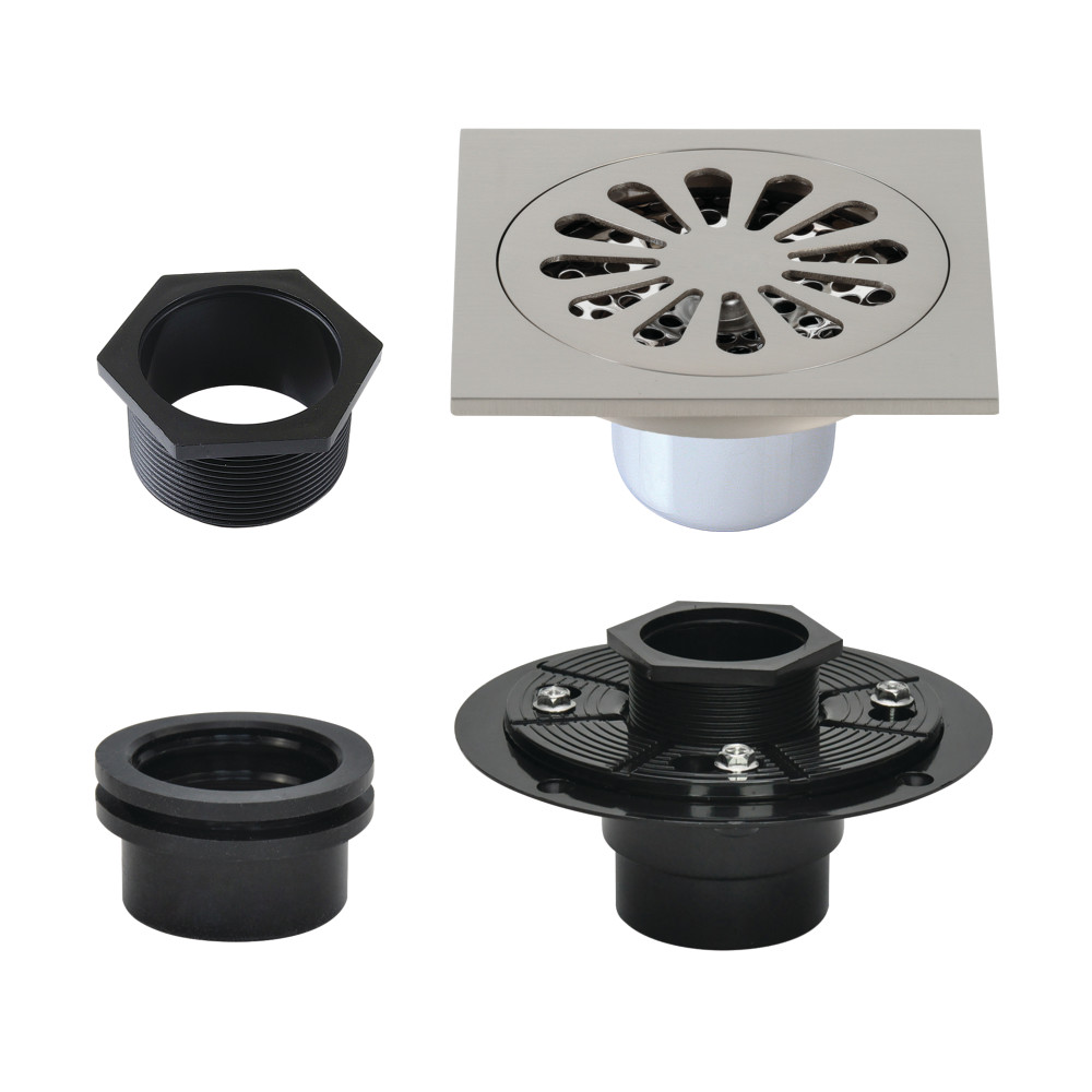 4" Brass Square Grid Shower Drain with Hair Strainer and Base Flange, Brushed Nickel