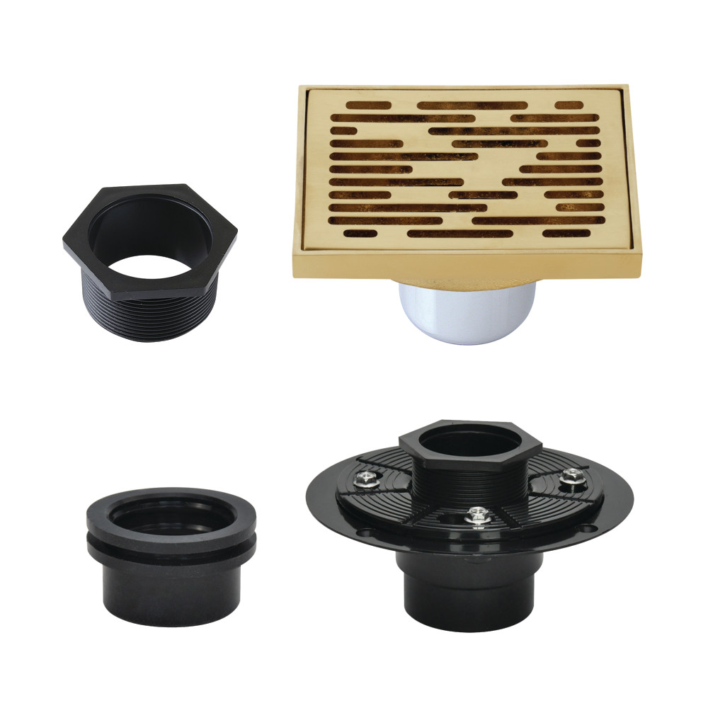 4" Brass Square Grid Shower Drain with Hair Strainer and Base Flange, Brushed Brass