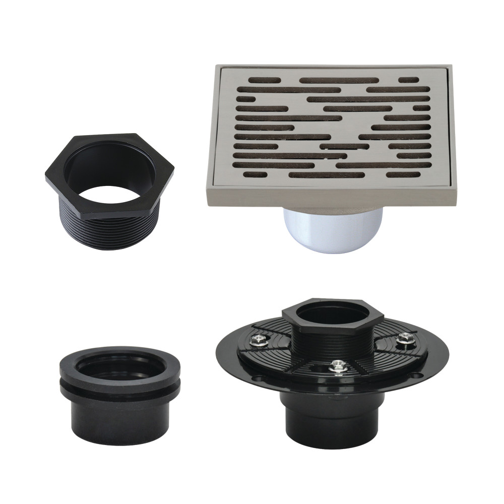 4" Brass Square Grid Shower Drain with Hair Strainer and Base Flange, Brushed Nickel