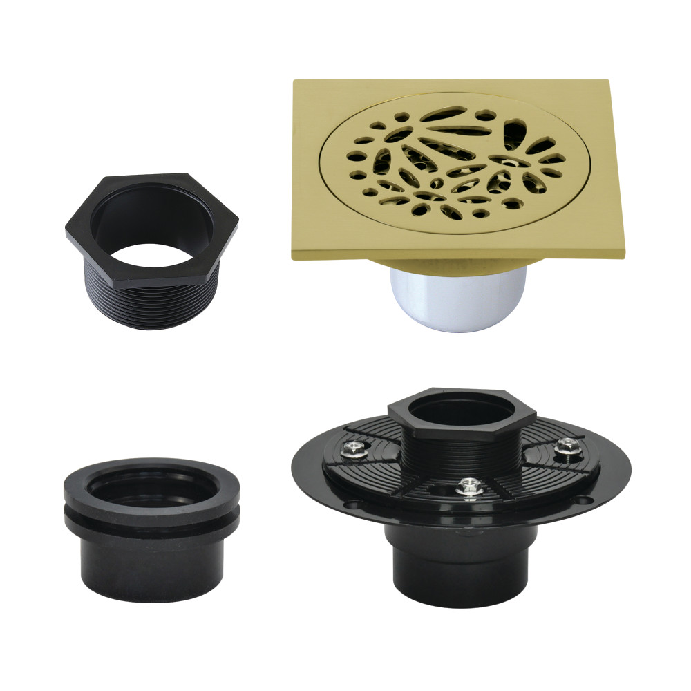 4" Brass Square Grid Shower Drain with Hair Strainer and Base Flange, Brushed Brass