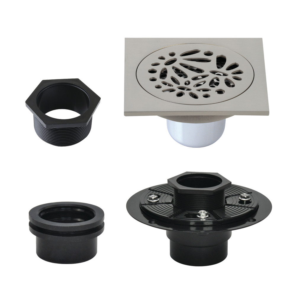 4" Brass Square Grid Shower Drain with Hair Strainer and Base Flange, Brushed Nickel