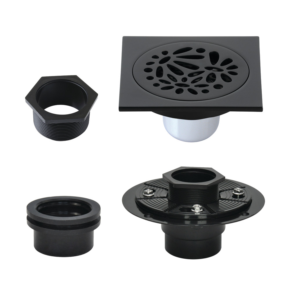 4" Brass Square Grid Shower Drain with Hair Strainer and Base Flange, Matte Black